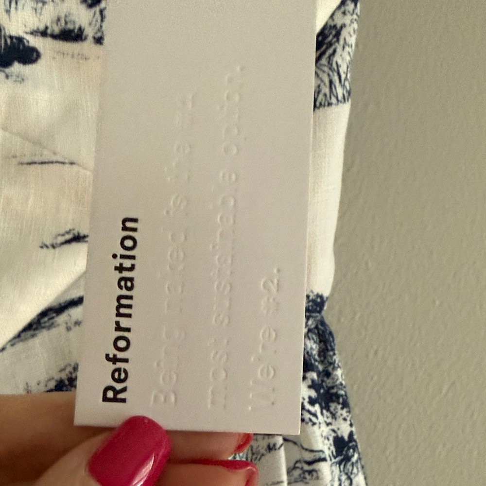 Reformation White Strapless Dress with Navy Scenic Print - Picture 2 of 5